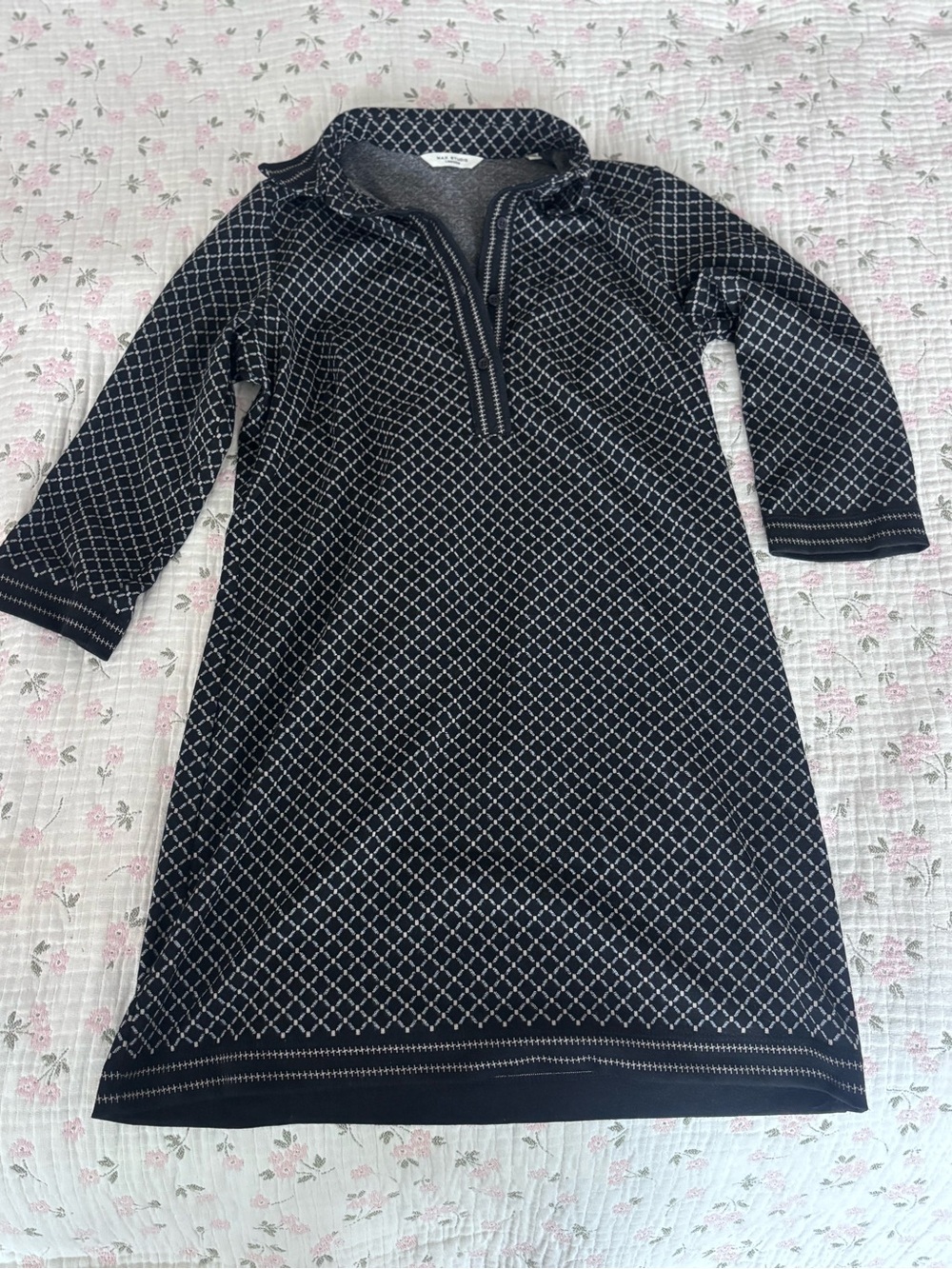 Max Studio Black Knit Dress with White Diamond Pattern and Quarter Zip